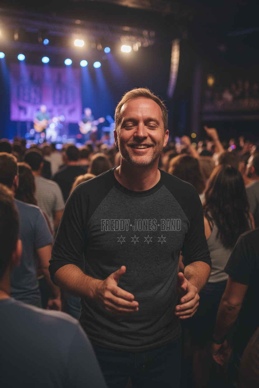 Fan wearing Freddy Jones Band Stars Raglan Tee at concert - revised